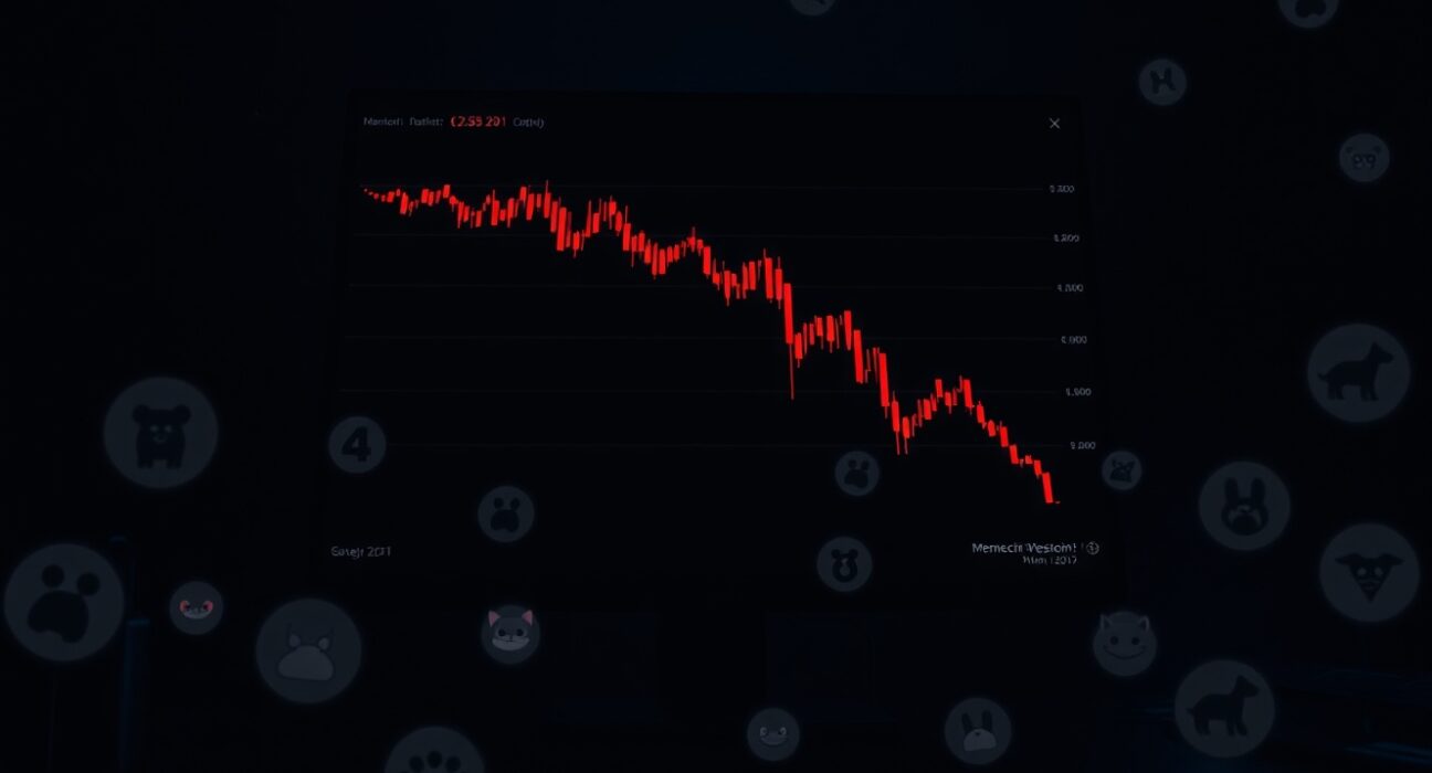 A dark trading desk with a monitor showing a declining chart and faded memecoin logos, representing market saturation.