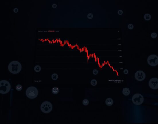 A dark trading desk with a monitor showing a declining chart and faded memecoin logos, representing market saturation.