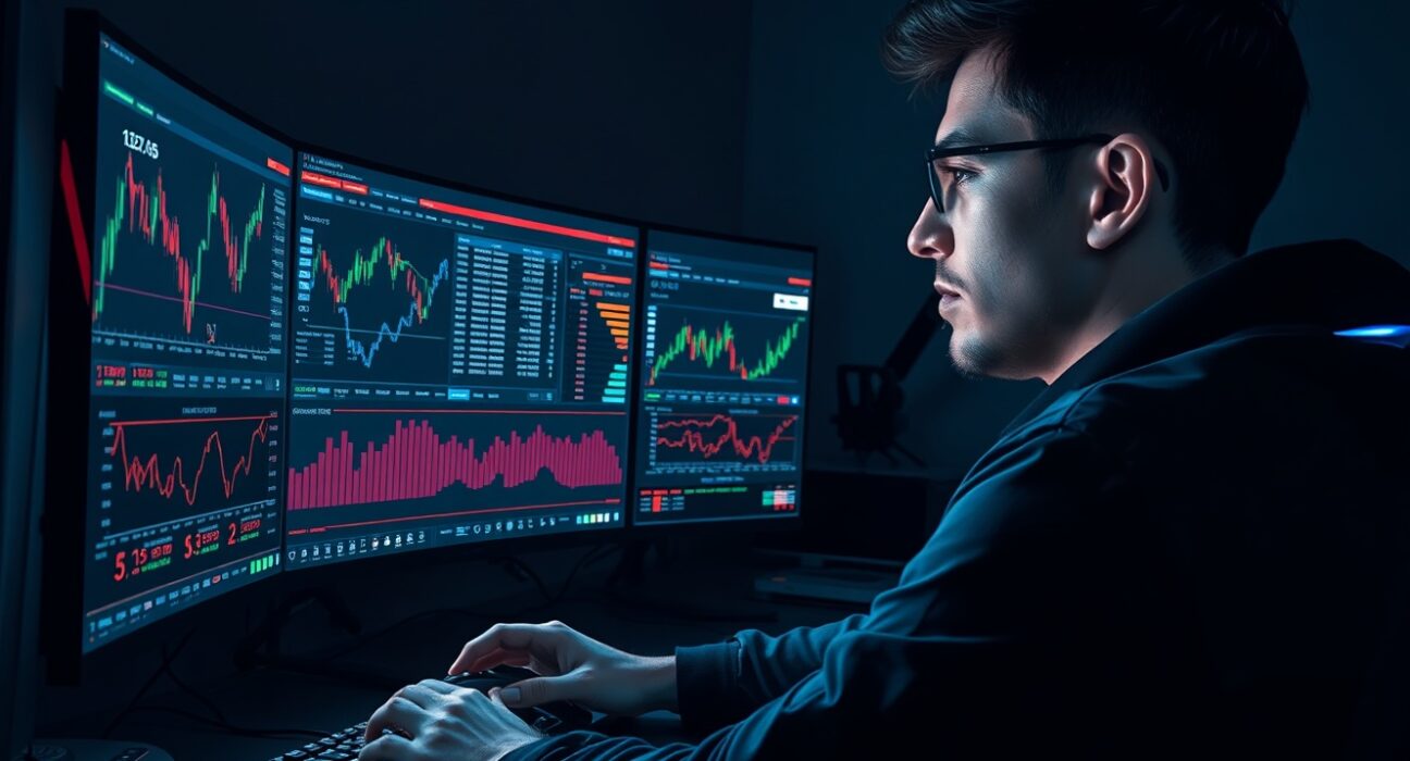 A focused cryptocurrency trader monitors fast-moving memecoin charts in a high-tech setup, representing the new era of ultra-fast speculative trading.