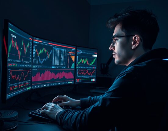 A focused cryptocurrency trader monitors fast-moving memecoin charts in a high-tech setup, representing the new era of ultra-fast speculative trading.