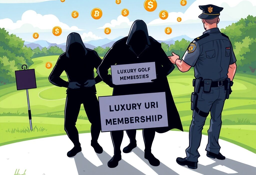 Cartoon showing police arresting scammers involved in a memecoin scam, highlighting the consequences of crypto fraud.