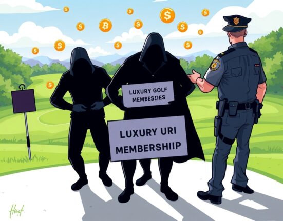 Cartoon showing police arresting scammers involved in a memecoin scam, highlighting the consequences of crypto fraud.