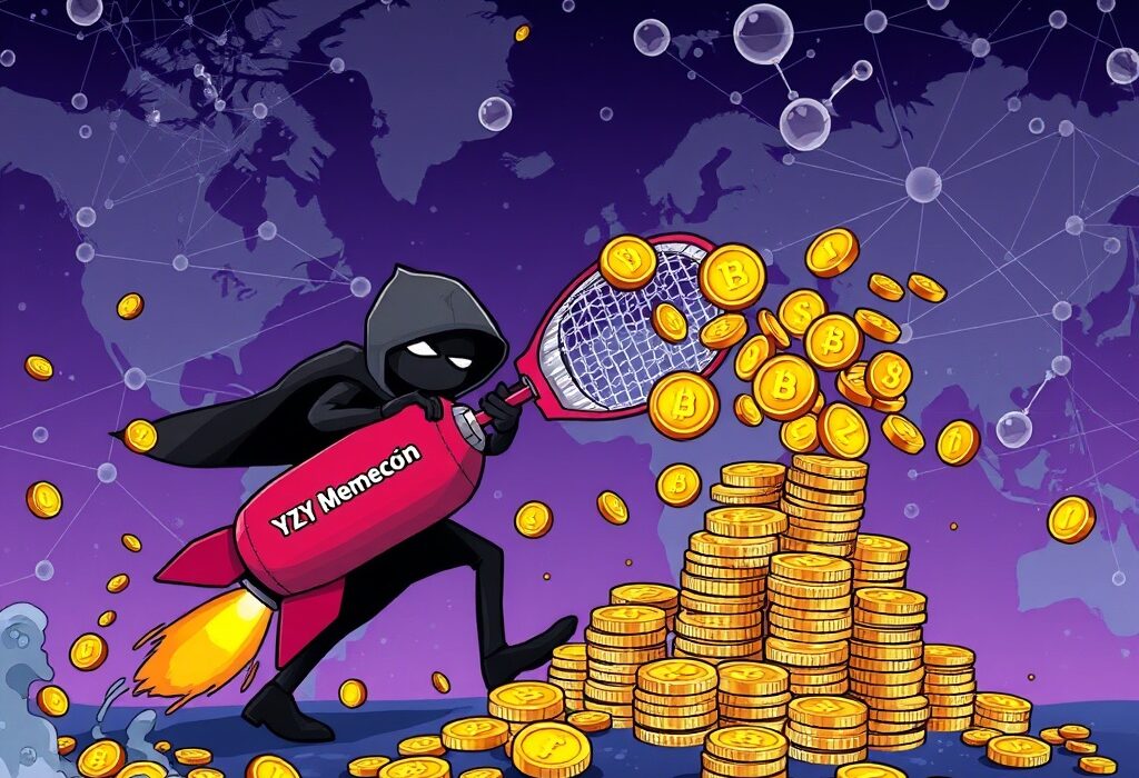 Cartoon showing a figure engaging in memecoin sniping, rapidly accumulating YZY tokens as blockchain analysis traces their activity.