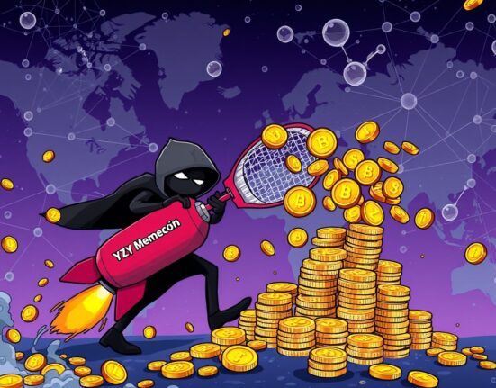 Cartoon showing a figure engaging in memecoin sniping, rapidly accumulating YZY tokens as blockchain analysis traces their activity.