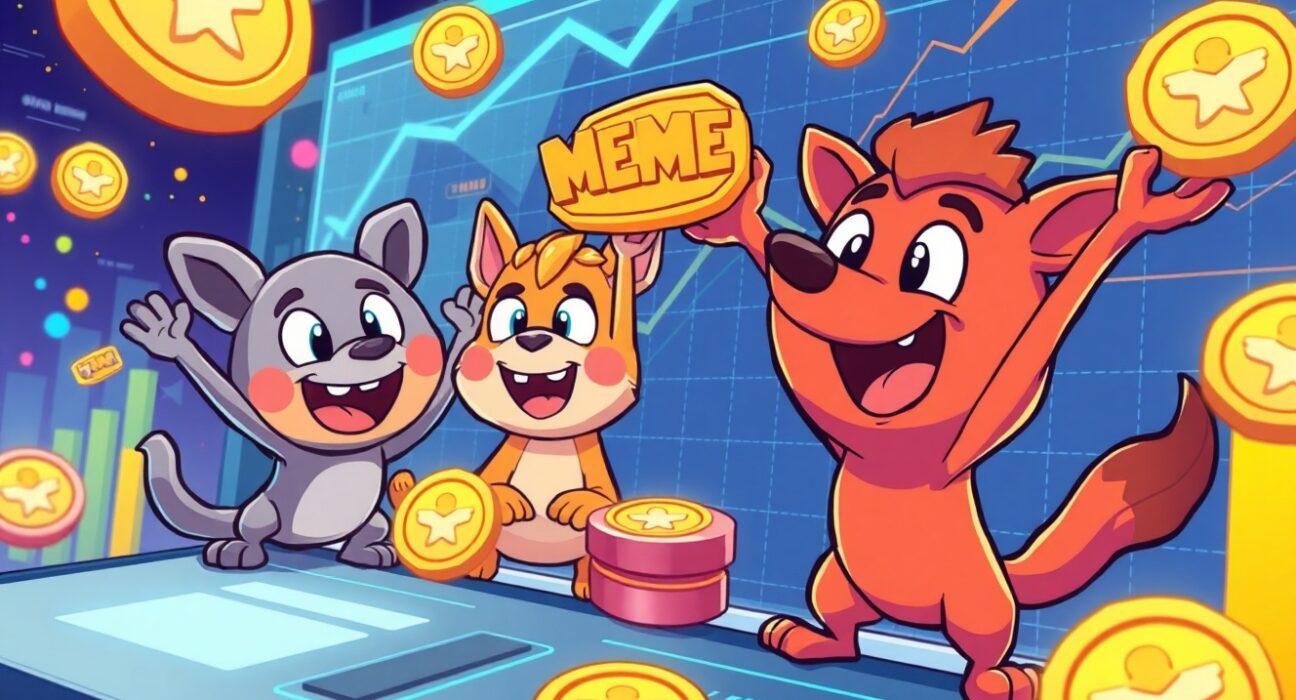Cartoon illustration showing vibrant memecoin trading activity on decentralized exchanges