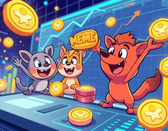 Cartoon illustration showing vibrant memecoin trading activity on decentralized exchanges