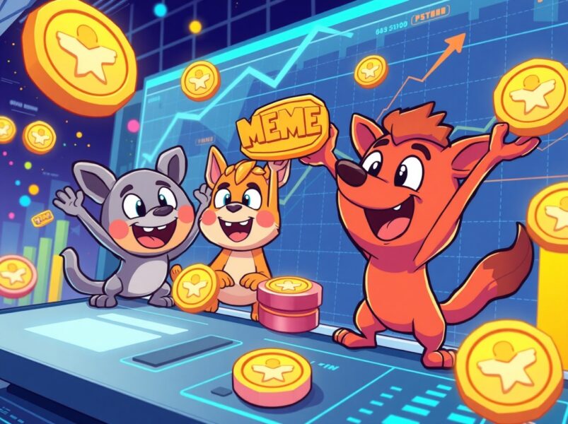 Cartoon illustration showing vibrant memecoin trading activity on decentralized exchanges