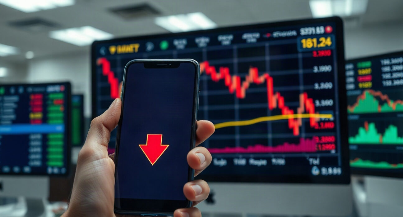 Trading screens showing cryptocurrency charts with a downward trend, symbolizing market uncertainty.