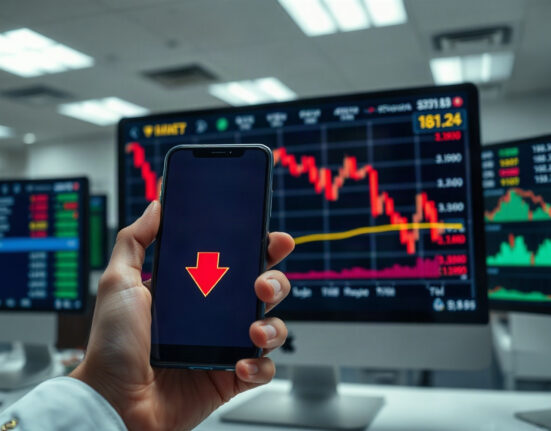 Trading screens showing cryptocurrency charts with a downward trend, symbolizing market uncertainty.