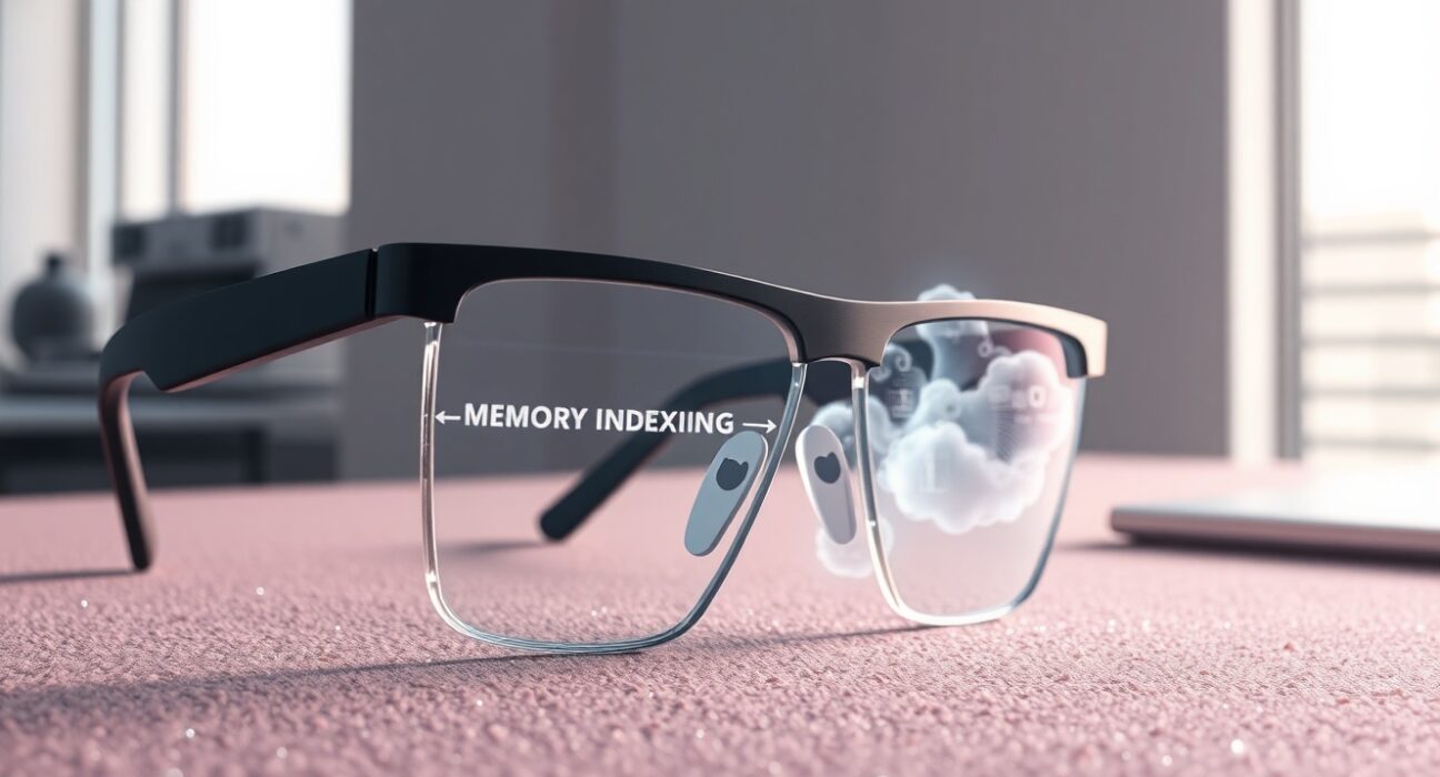 Memories.ai visual memory technology for AI wearables and robotics, represented by smart glasses and data streams.