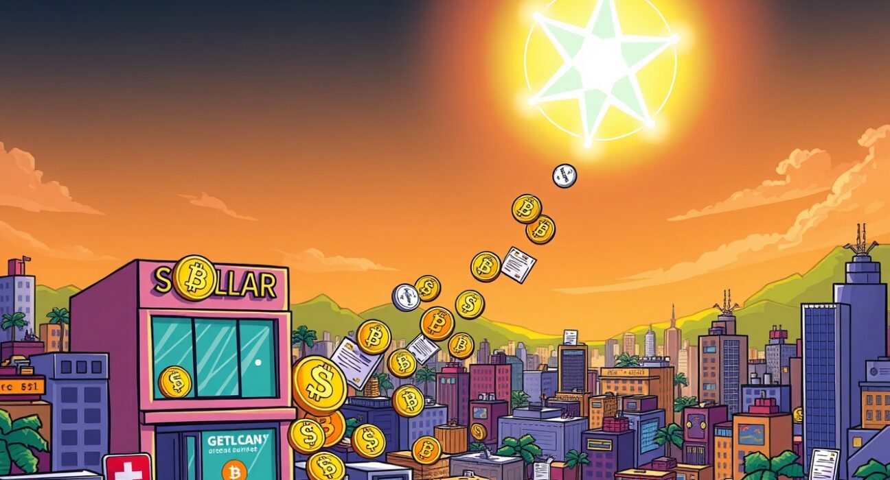 A cartoon illustration showing Mercado Bitcoin launching innovative tokenized products on the Stellar network, expanding financial access.