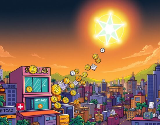 A cartoon illustration showing Mercado Bitcoin launching innovative tokenized products on the Stellar network, expanding financial access.