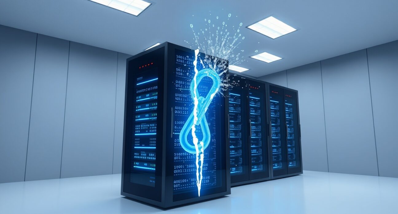 Mercor cyberattack illustration showing server infrastructure with compromised digital chain links representing supply chain vulnerability.