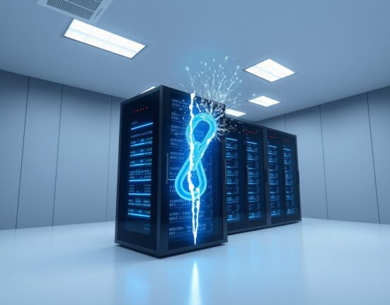 Mercor cyberattack illustration showing server infrastructure with compromised digital chain links representing supply chain vulnerability.