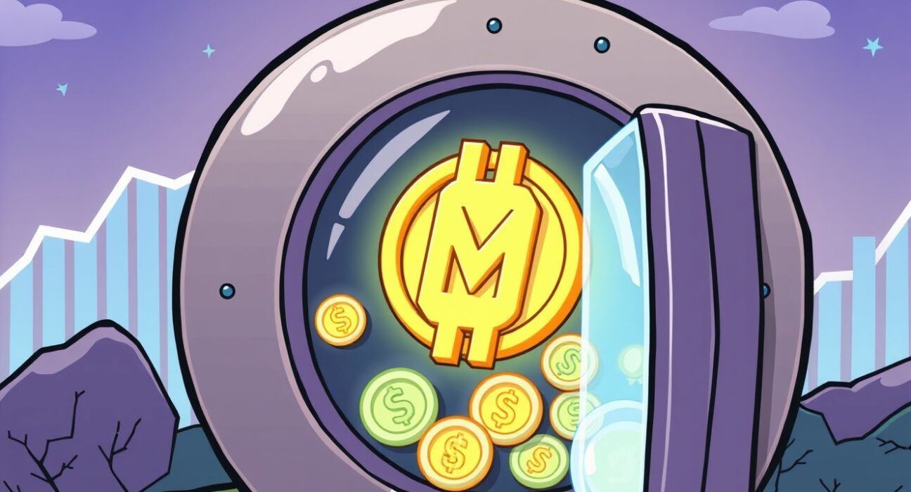 A cartoon illustration showing MERL tokens being securely staked in a digital vault, symbolizing the growing trend of MERL staking.