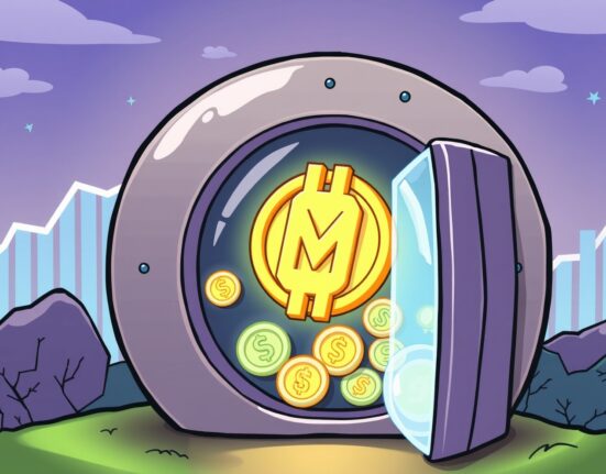 A cartoon illustration showing MERL tokens being securely staked in a digital vault, symbolizing the growing trend of MERL staking.