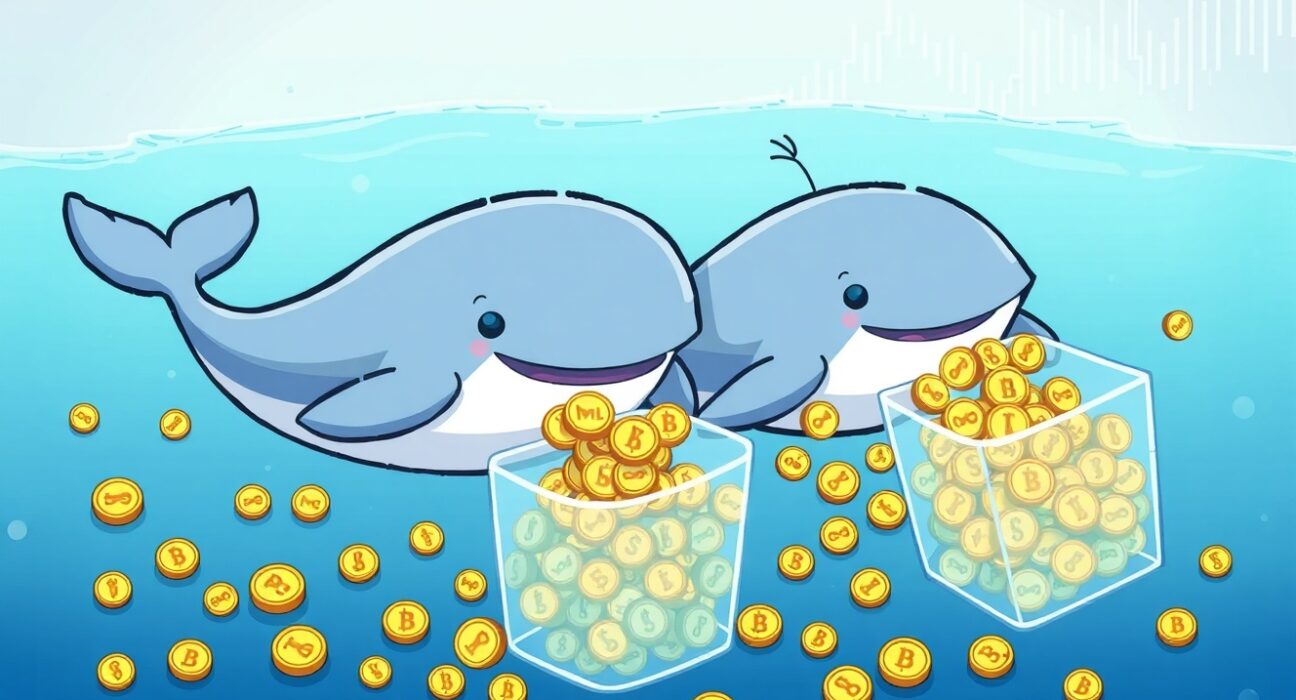 Cartoon whales gathering MERL tokens, symbolizing significant MERL accumulation and market impact.
