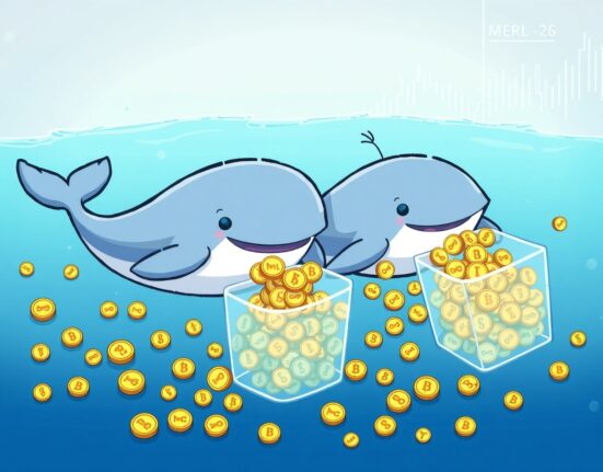 Cartoon whales gathering MERL tokens, symbolizing significant MERL accumulation and market impact.
