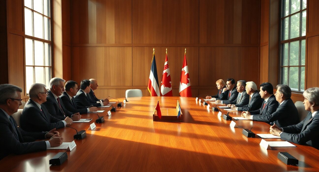G7 summit meeting room with world leaders seated around a table discussing economic policy.