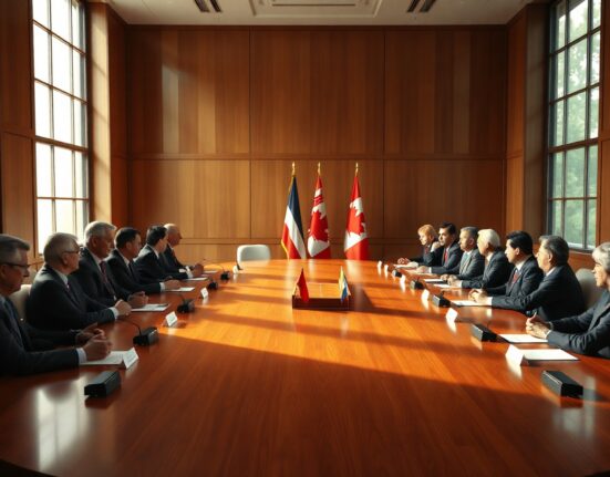 G7 summit meeting room with world leaders seated around a table discussing economic policy.