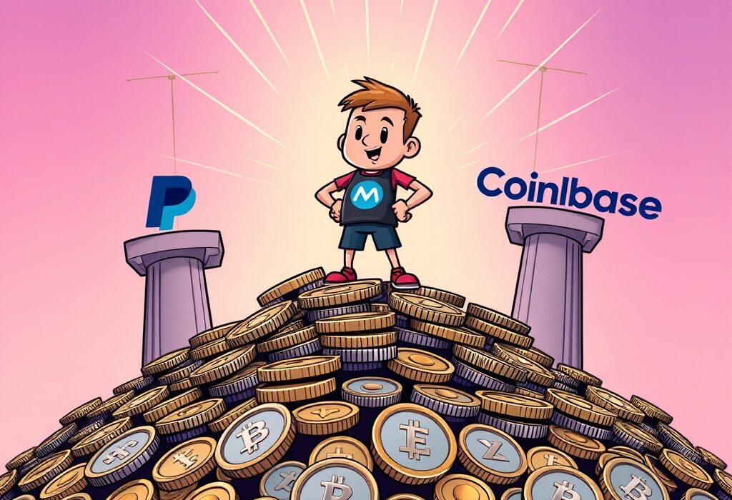 A cartoon illustration symbolizing the success of Mesh funding with support from major financial players, driving growth in crypto payments.