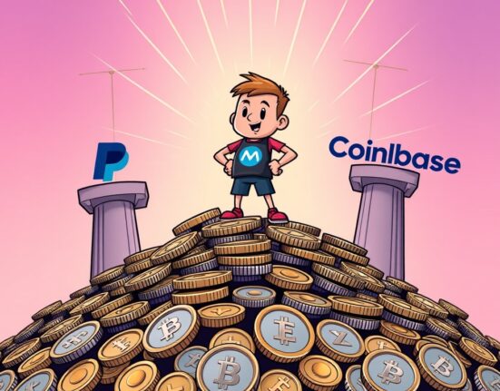 A cartoon illustration symbolizing the success of Mesh funding with support from major financial players, driving growth in crypto payments.