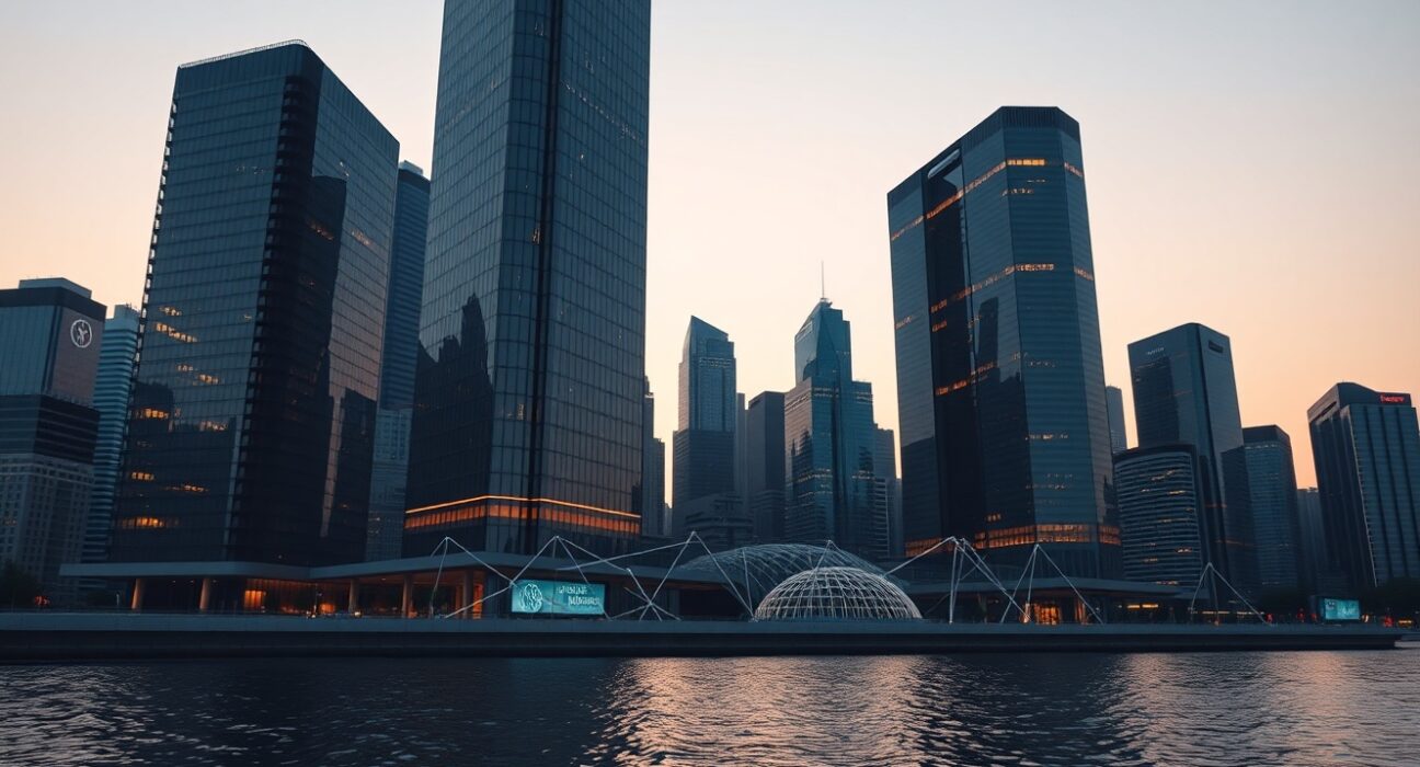 Financial district skyline at dusk with digital network lines symbolizing Solana's institutional finance expansion