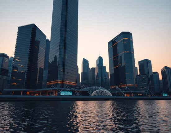 Financial district skyline at dusk with digital network lines symbolizing Solana's institutional finance expansion