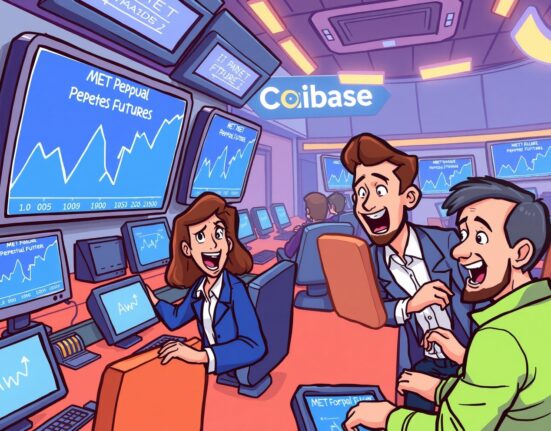 Cartoon illustration showing traders excitedly engaging with screens displaying MET perpetual futures on Coinbase, symbolizing new trading opportunities.