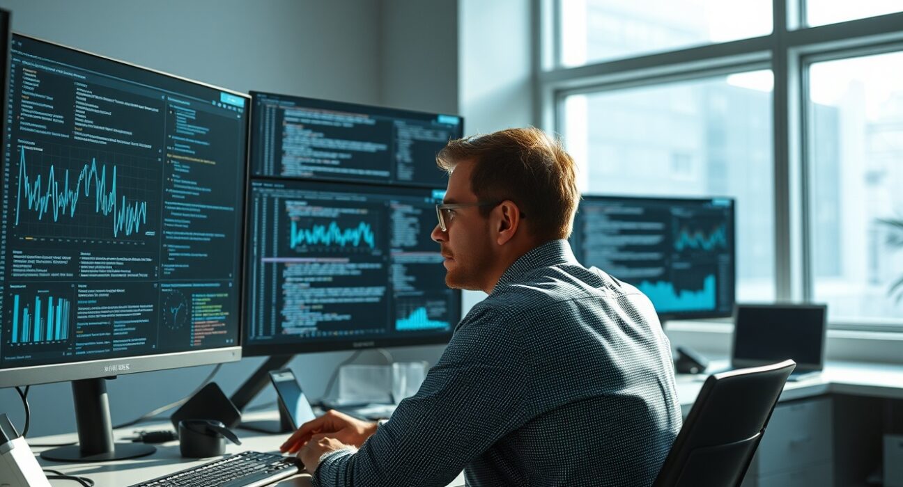 Engineer working at desk with monitors showing AI data and code in a modern office