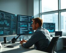 Engineer working at desk with monitors showing AI data and code in a modern office