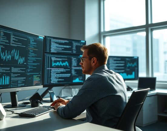 Engineer working at desk with monitors showing AI data and code in a modern office