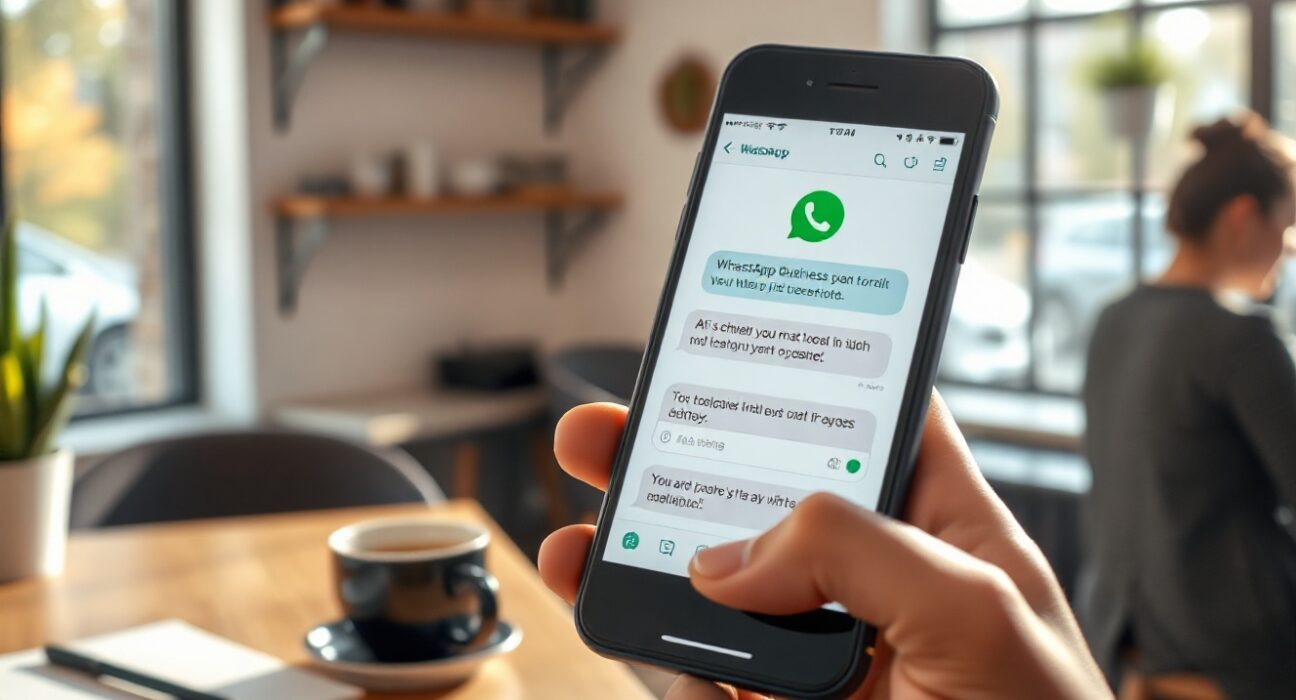 Small business owner using WhatsApp Business AI chatbot on smartphone in a café