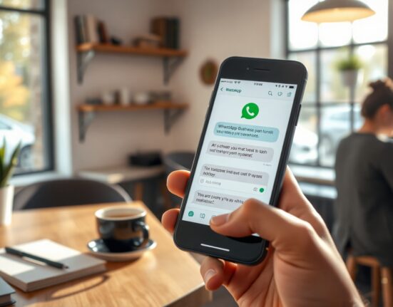 Small business owner using WhatsApp Business AI chatbot on smartphone in a café