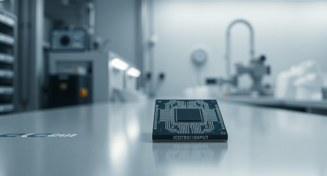 Close-up of a semiconductor chip on a clean lab surface in a fabrication facility.