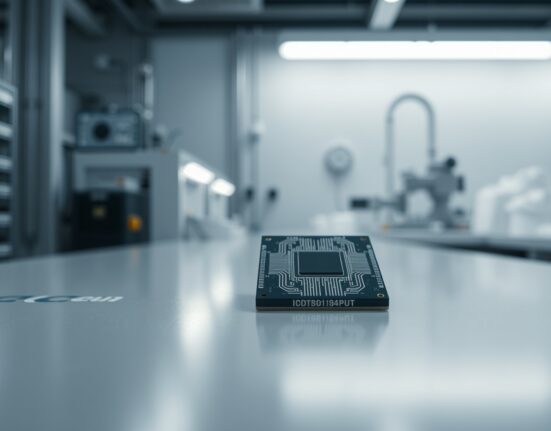 Close-up of a semiconductor chip on a clean lab surface in a fabrication facility.