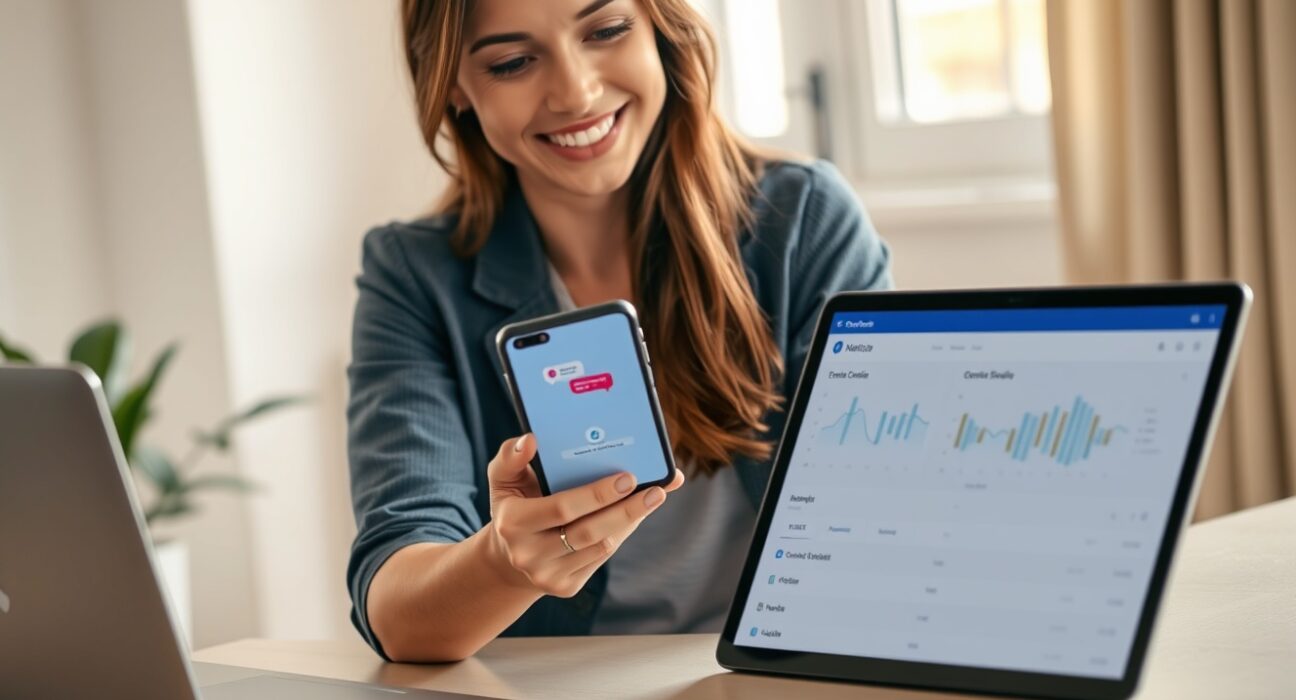 Content creator using Meta's new AI assistant on a smartphone in a home office