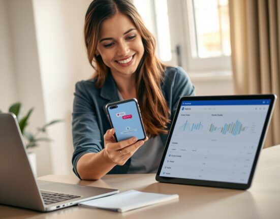 Content creator using Meta's new AI assistant on a smartphone in a home office