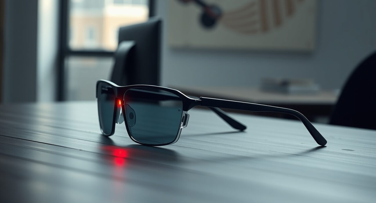Meta Ray-Ban AI glasses with red LED recording light on a wooden table in soft natural light.