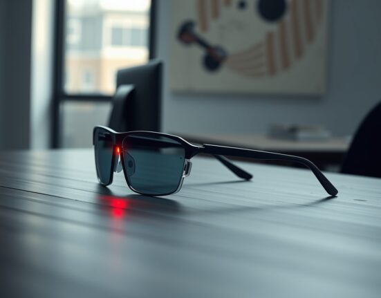 Meta Ray-Ban AI glasses with red LED recording light on a wooden table in soft natural light.