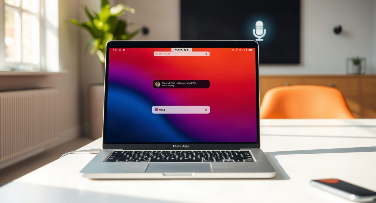 MacBook showing Meta AI chat interface with dictation feature on a desk
