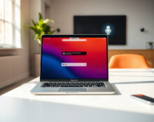 MacBook showing Meta AI chat interface with dictation feature on a desk