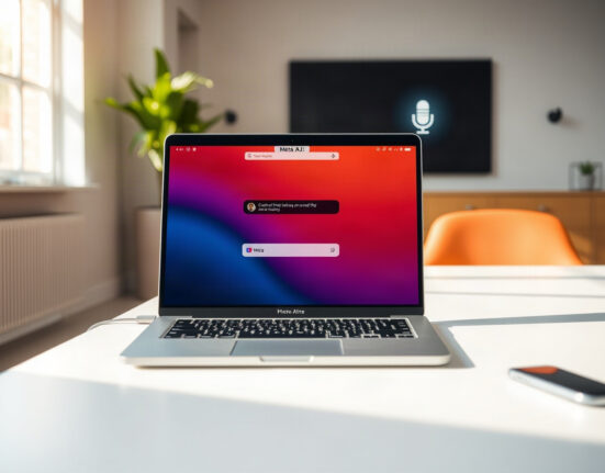 MacBook showing Meta AI chat interface with dictation feature on a desk