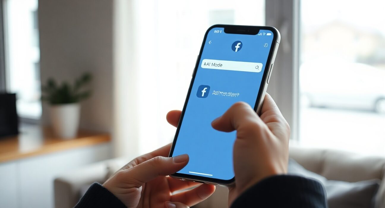 Smartphone displaying Facebook AI Mode search interface with glowing AI icon in a modern indoor setting