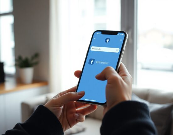 Smartphone displaying Facebook AI Mode search interface with glowing AI icon in a modern indoor setting