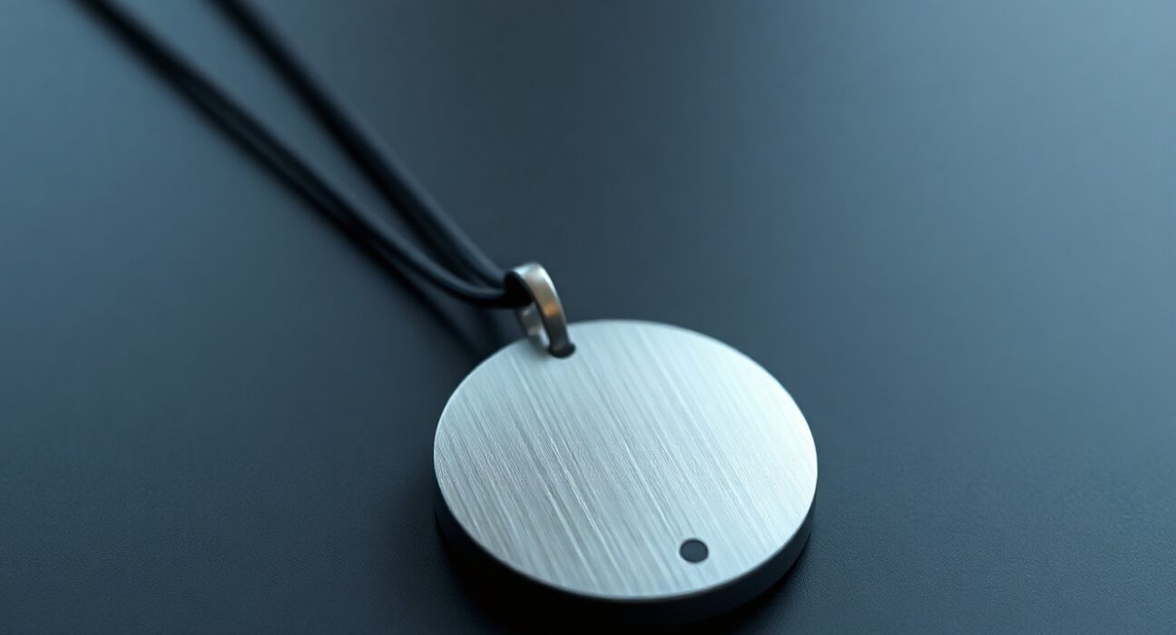 AI pendant device on dark surface with metallic finish and sensor