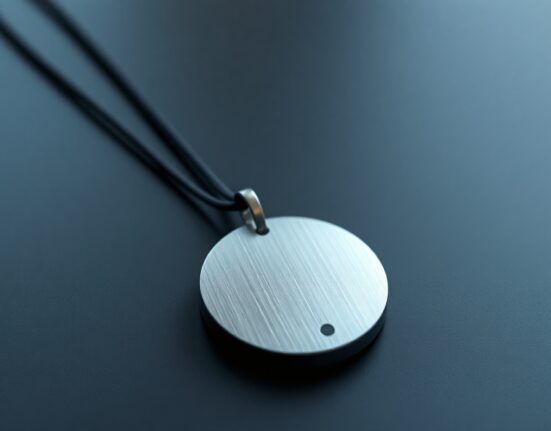 AI pendant device on dark surface with metallic finish and sensor