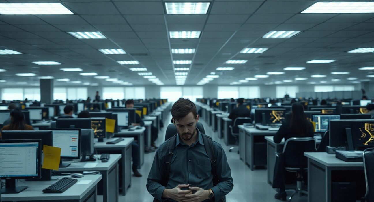 Meta employees working in a sterile, oppressive open-plan office, reflecting low morale and burnout.