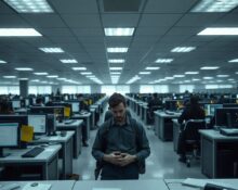 Meta employees working in a sterile, oppressive open-plan office, reflecting low morale and burnout.