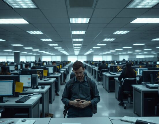 Meta employees working in a sterile, oppressive open-plan office, reflecting low morale and burnout.